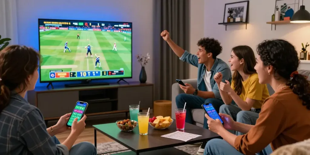 Dynamic betting scene with friends enjoying cricket and placing bets on lotus365.