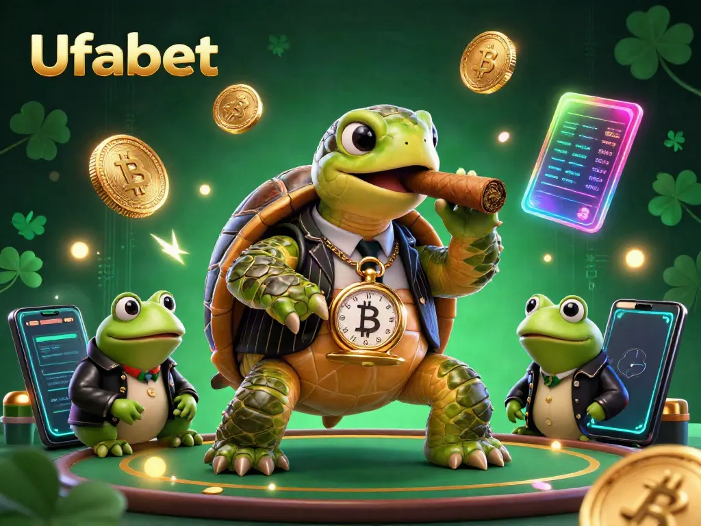 Engage in exhilarating gambling with Ufabet, featuring a snapping turtle mobster and dynamic crypto elements.