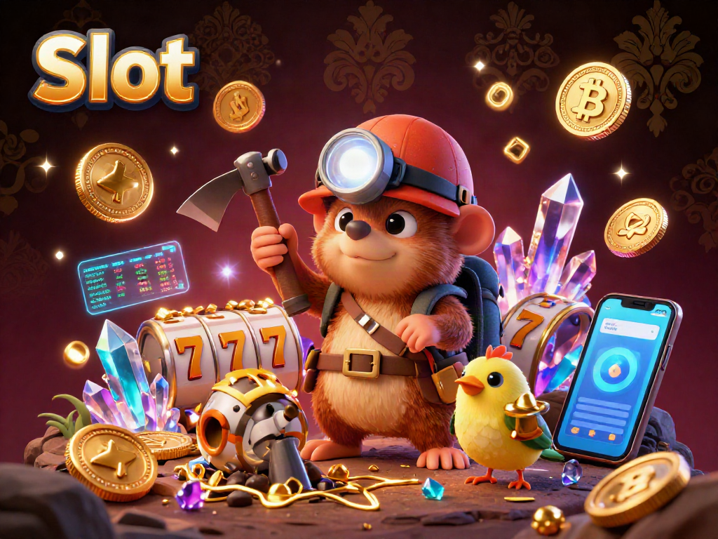 Engage with Slot machines in a vibrant 3D scene featuring treasure hunter characters and crypto elements.