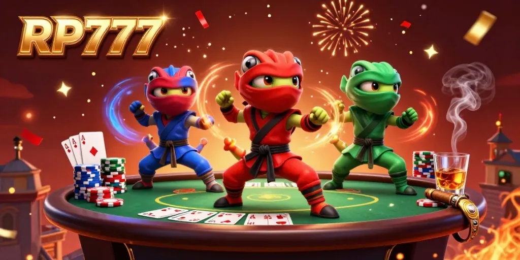 Experience the thrill of RP777 with ninja chameleons in action amidst poker elements and celebration.