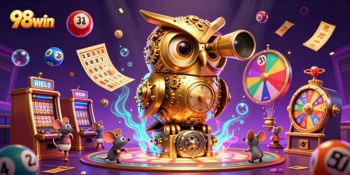 Experience a thrilling 98win casino adventure with vibrant games and colorful elements in this 3D illustration.