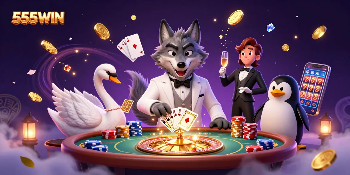 Engage with 555WIN’s vibrant 3D scene featuring a debonair wolf, elegant swan, and polished penguin at the baccarat table.