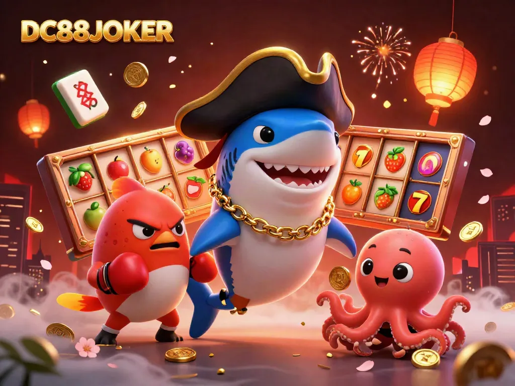 Engage with DC88JOKER in an energetic casino scene featuring animated characters and vibrant slot elements.