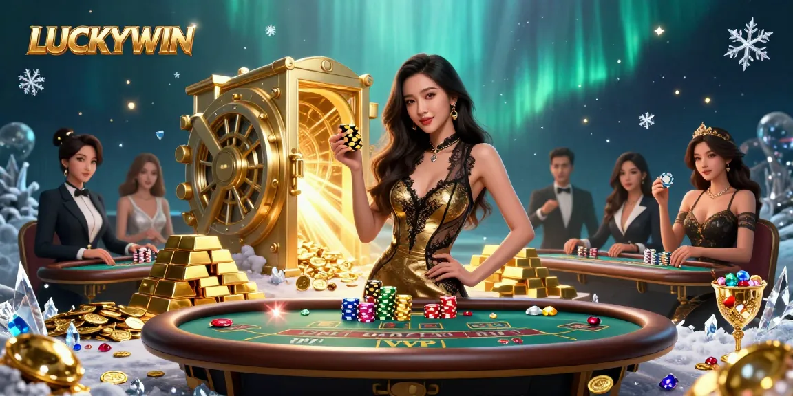 LUCKYWIN depicts an Asian woman at a glamorous baccarat table, showcasing high-stakes gambling atmosphere.