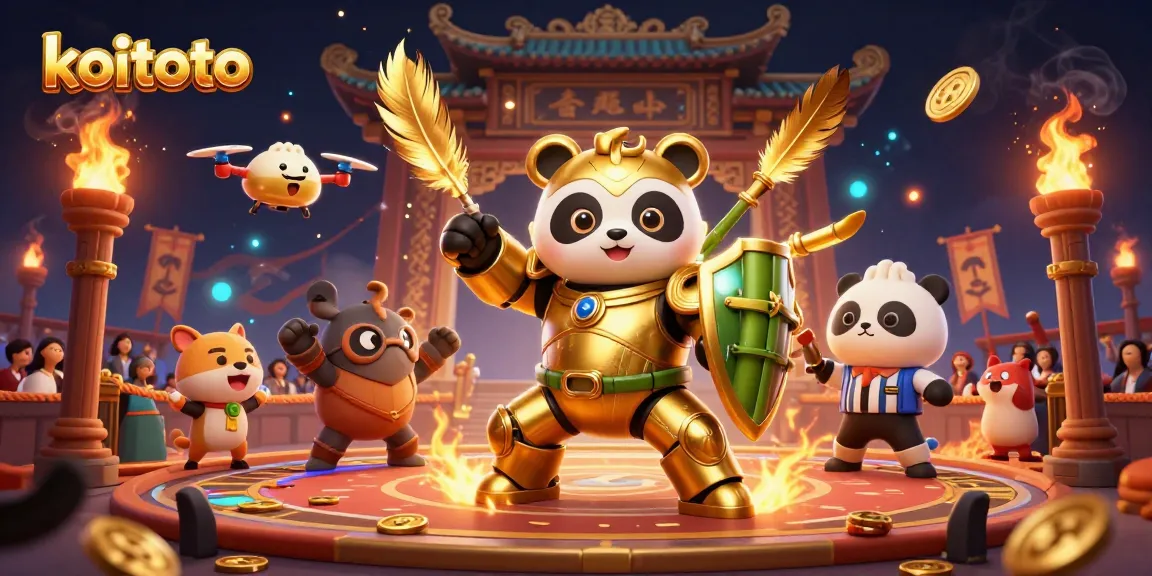 Koitoto transforms gameplay with golden panda battling in a vibrant casino arena.