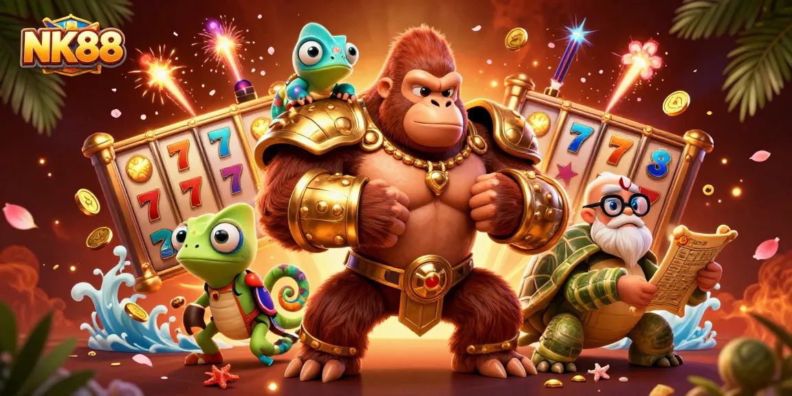 Experience thrilling slots with NK88: A gorilla king, a chameleon, and a wise tortoise in a vibrant casino scene.