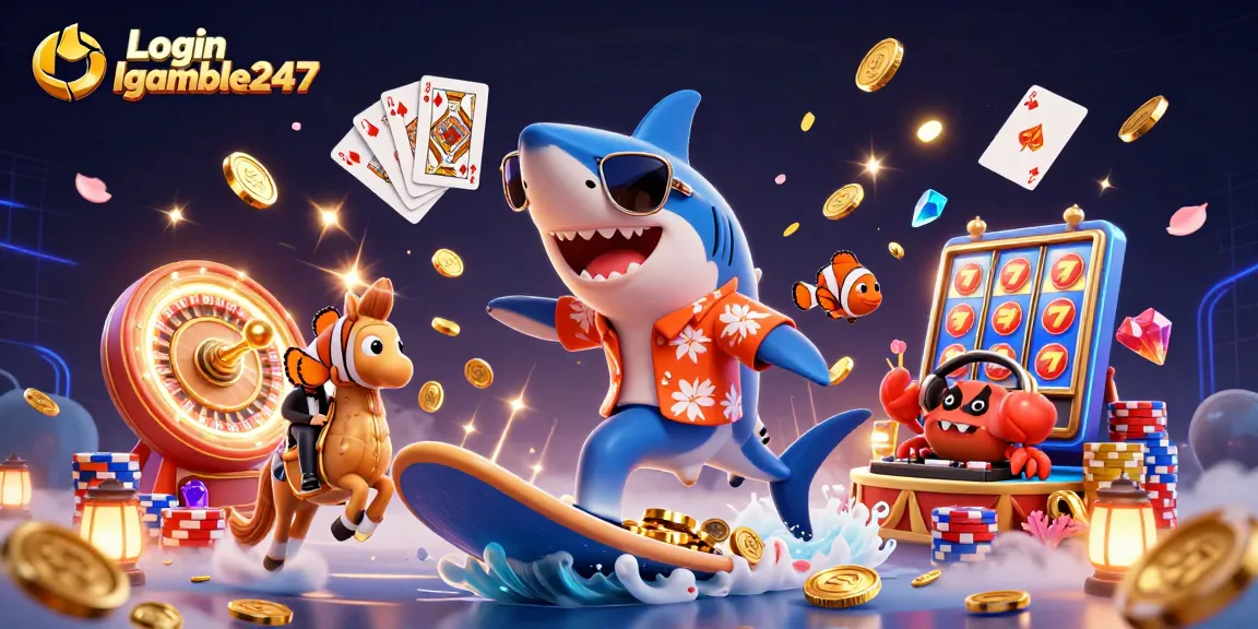 Experience thrilling wins with Login Igamble247 in a lively, underwater casino scene with vibrant characters.