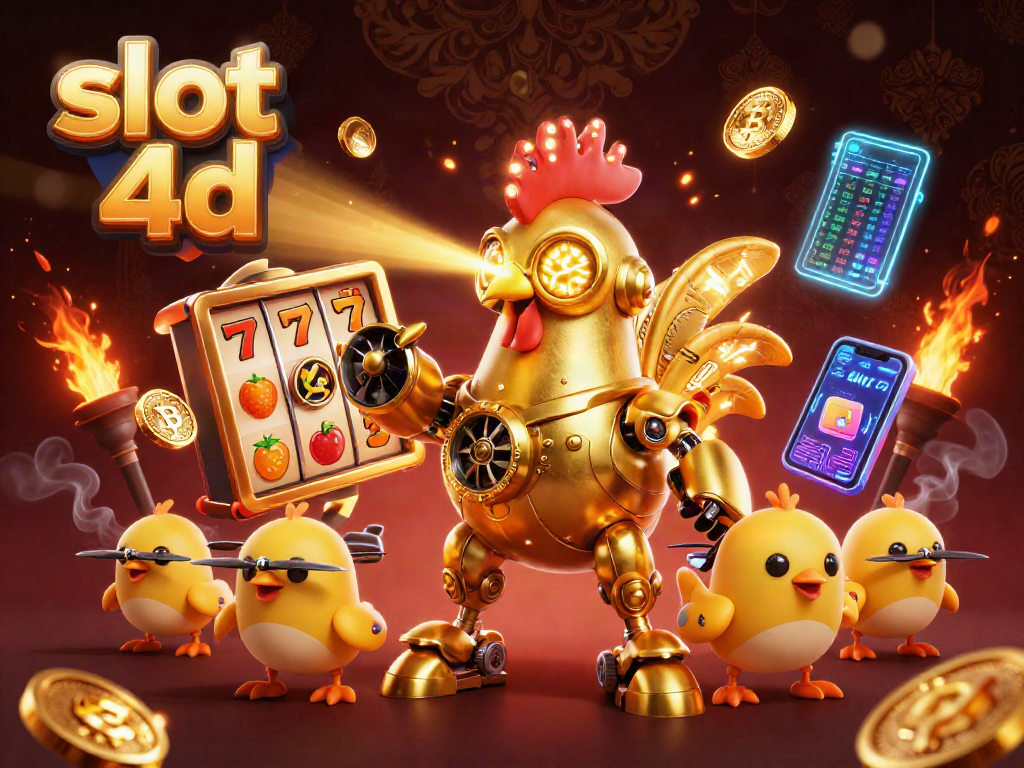 Menangkan slot 4d dengan ikon slot dan robot unik dalam ilustrasi 3D menarik.