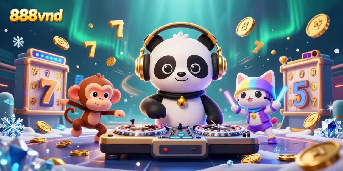 Win big with fun 888vnd slot reels and lively characters in a dynamic casino scene.