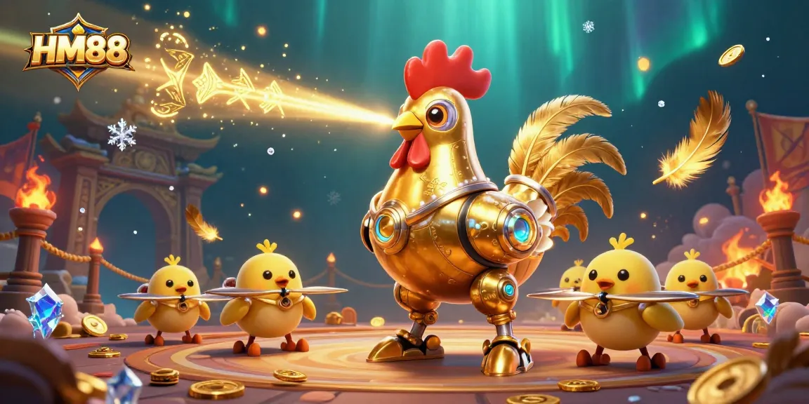 Experience thrilling gaming at HM88 with a dynamic illustration of a futuristic rooster robot on a casino stage.