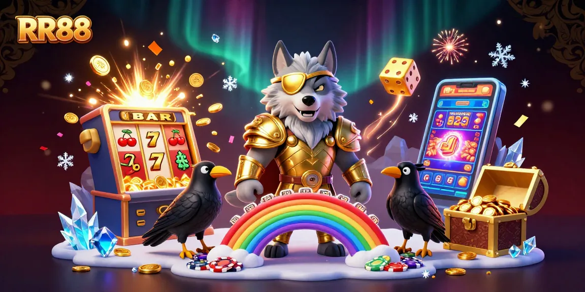 Experience the excitement at RR88 with a vibrant 3D scene of casino games and lively characters.