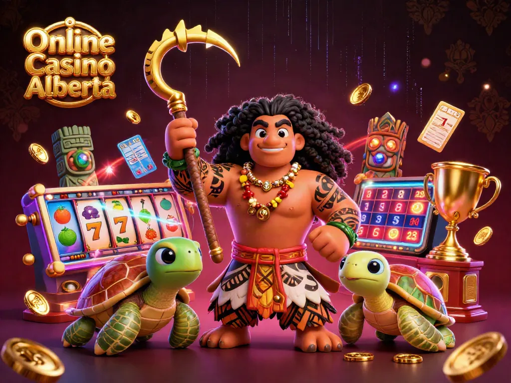 Win big with Online Casino Alberta in a vibrant 3D scene featuring exciting slots and fun characters!
