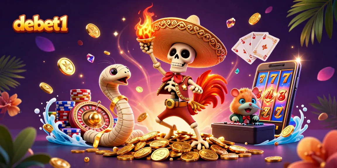 Join the festive fun with debet1 as a mariachi rooster dances among golden coins and casino elements.