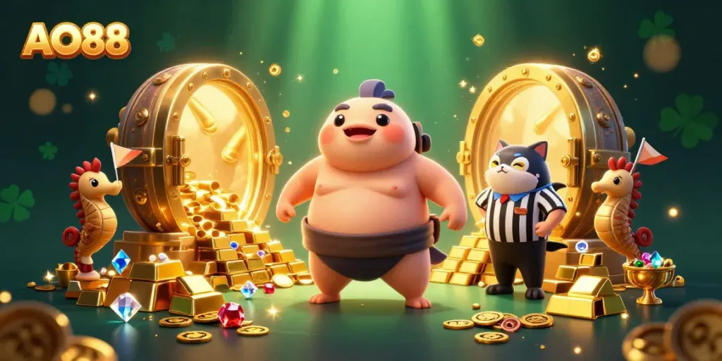 Experience the excitement of AO88 with a sumo fugu and a catfish referee in a vibrant underwater casino.