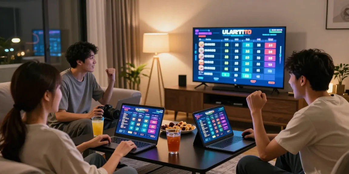 Excited players engaging on ULARTOTO togel platform in a cozy living room.