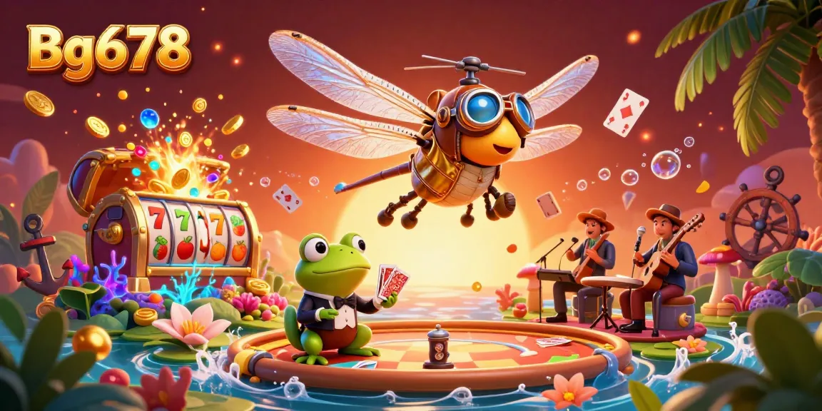 Engage with Bg678 at a lively casino scene featuring vibrant slot machines, a croupier dealing cards, and a festive atmosphere.