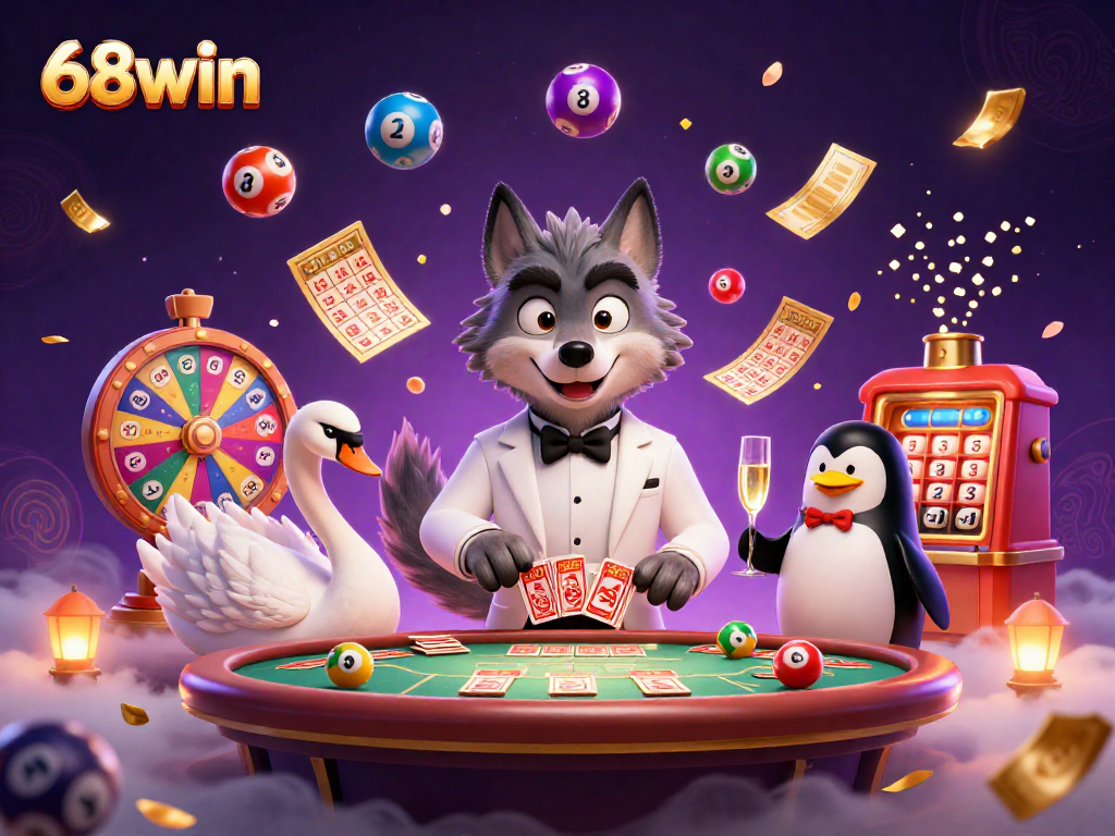 Immerse in the vibrant world of 68win, experiencing dynamic lottery balls, elegant characters, and festive elements.