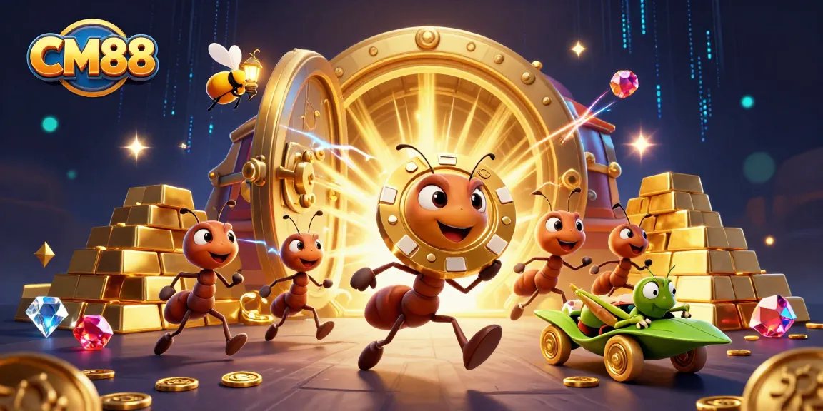 CM88 showcases ants on a heist, capturing a giant poker chip amid gold and jewels.
