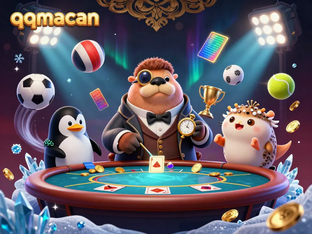 Experience thrilling gameplay at qqmacan with a jolly walrus enjoying poker while a penguin dealer oversees bets.