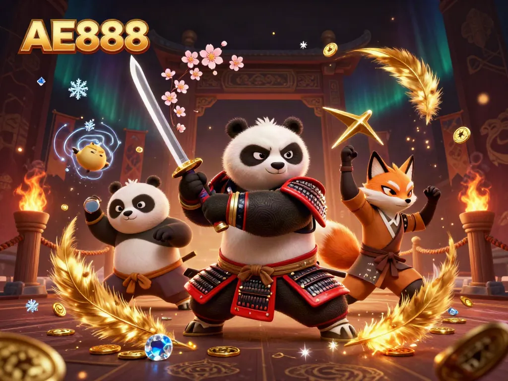 Engage with exciting AE888 gaming action featuring a samurai panda, ninja fox, and magical tanuki.