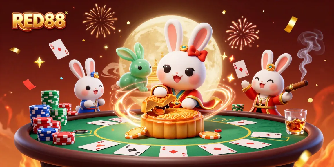 Experience vibrant gameplay at RED88 with poker chips revealing golden mooncakes.