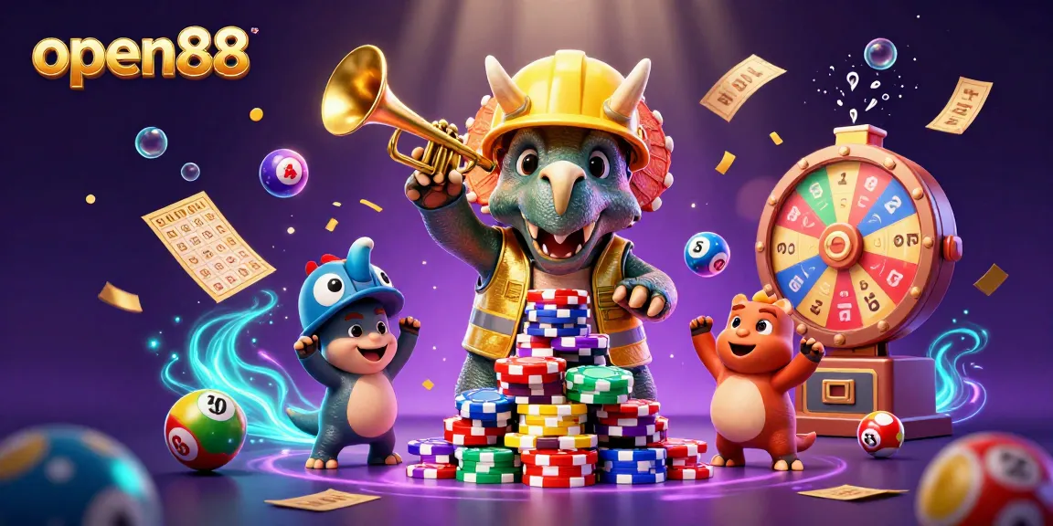 Engage with open88 through a lively casino scene, featuring a triceratops building poker chips amidst celebratory lottery elements.