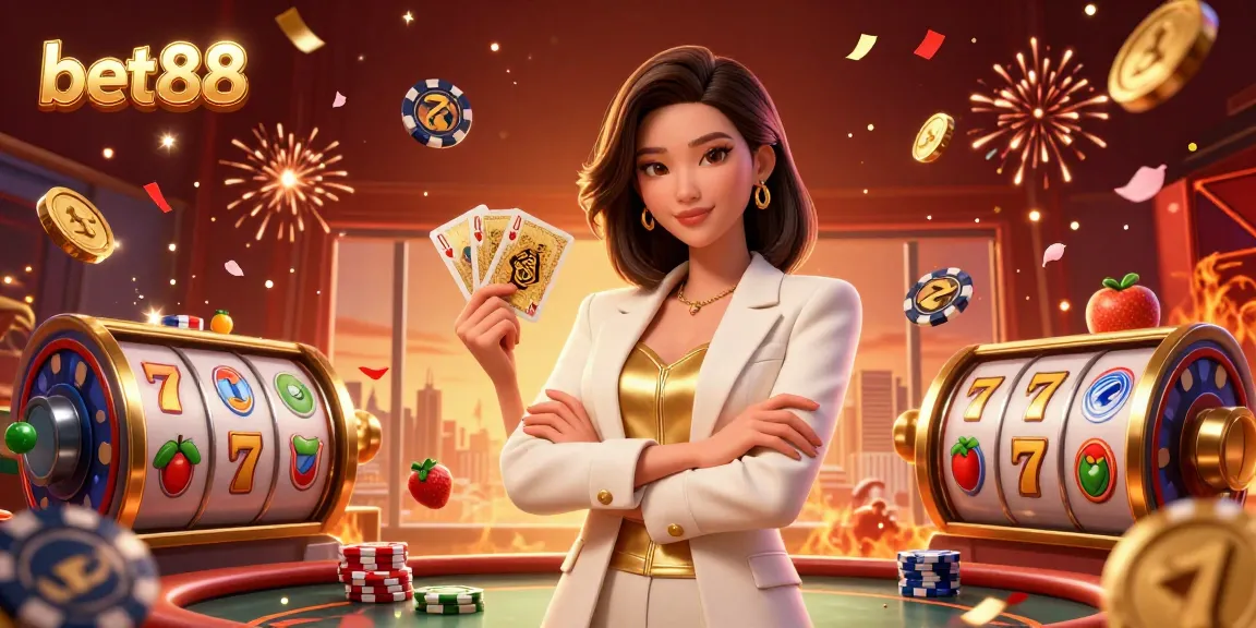 Experience the excitement of bet88 with vibrant slot reels and a glamorous businesswoman.