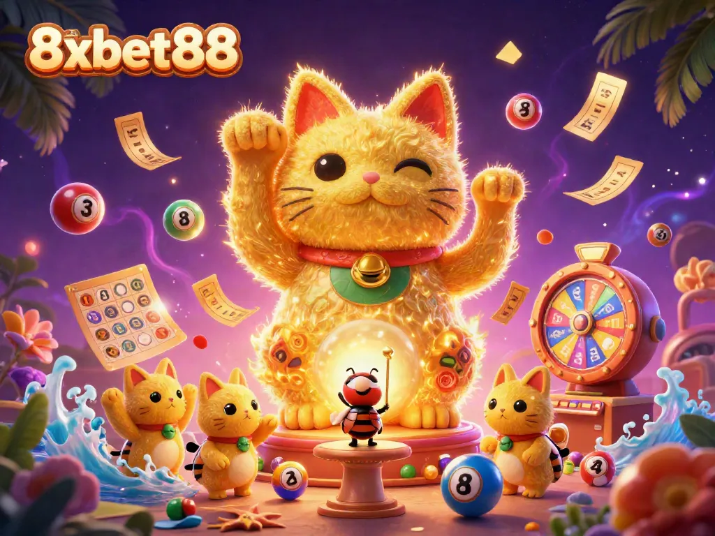 Experience the excitement of dynamic gaming at 8xbet88 with a vibrant illustration of a lucky cat and lively casino symbols.