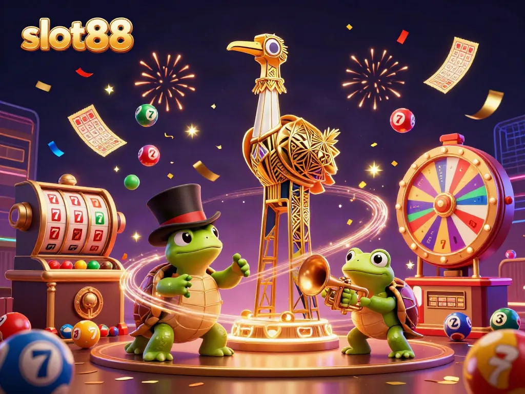 Engage with slot88 excitement in a vibrant 3D casino scene featuring cartoon characters and dynamic game elements.