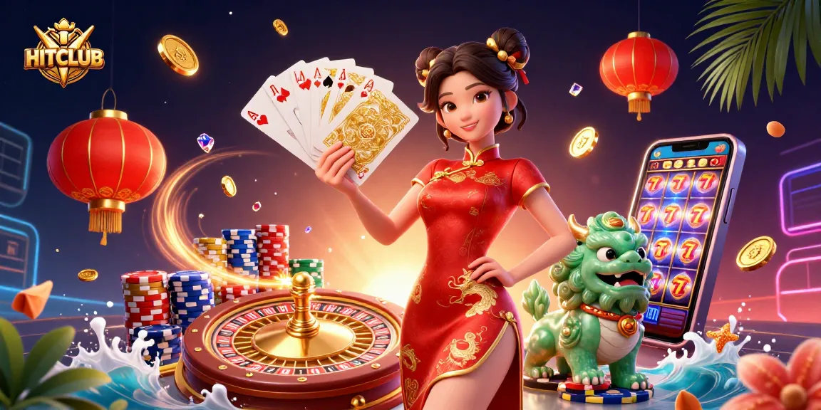 Engage in gambling excitement with HITCLUB's dynamic casino scene featuring vibrant characters and game elements.