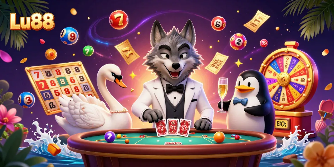 Experience excitement at Lu88 as a debonair wolf plays baccarat with a swan dealer and a penguin sommelier.
