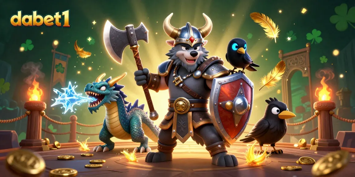 dabet1 showcases a vibrant 3D casino scene featuring a Viking warrior, dragon, and raven amidst gold coins and dynamic elements.
