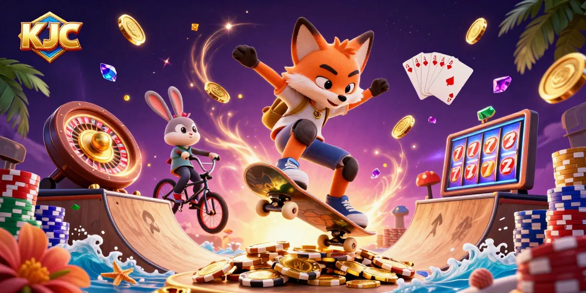 KJC showcases vibrant 3D characters in dynamic casino scenes with poker elements and golden coins.