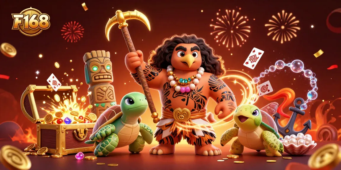 Engaging F168 gameplay scene featuring a demigod and turtle amidst treasures and casino elements