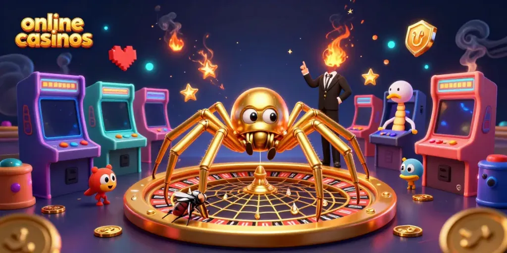 Experience engaging online casinos featuring a golden spider roulette wheel and dynamic arcade elements.