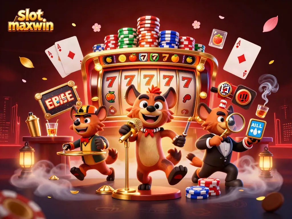 Experience the thrill of slot maxwin at a lively comedy casino with hyenas and vibrant gaming elements.