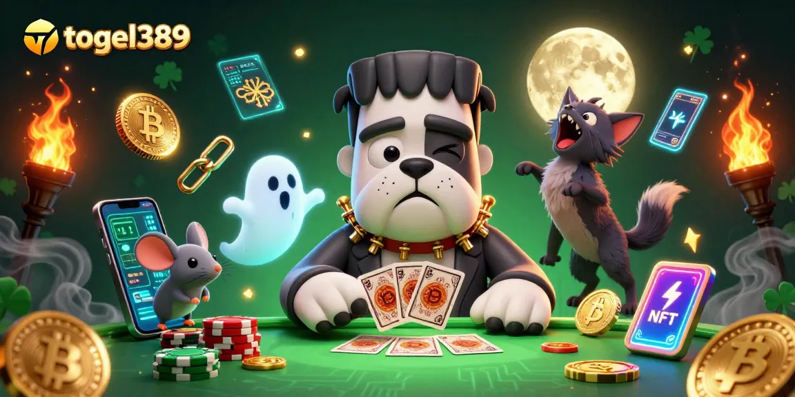 Engage in fun gaming at togel389 with a 3D illustration of fantastical characters and crypto coins.