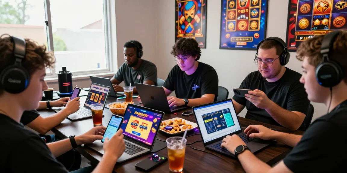 Players enjoying Mega888 on devices in a lively gaming environment with snacks and colorful lights.
