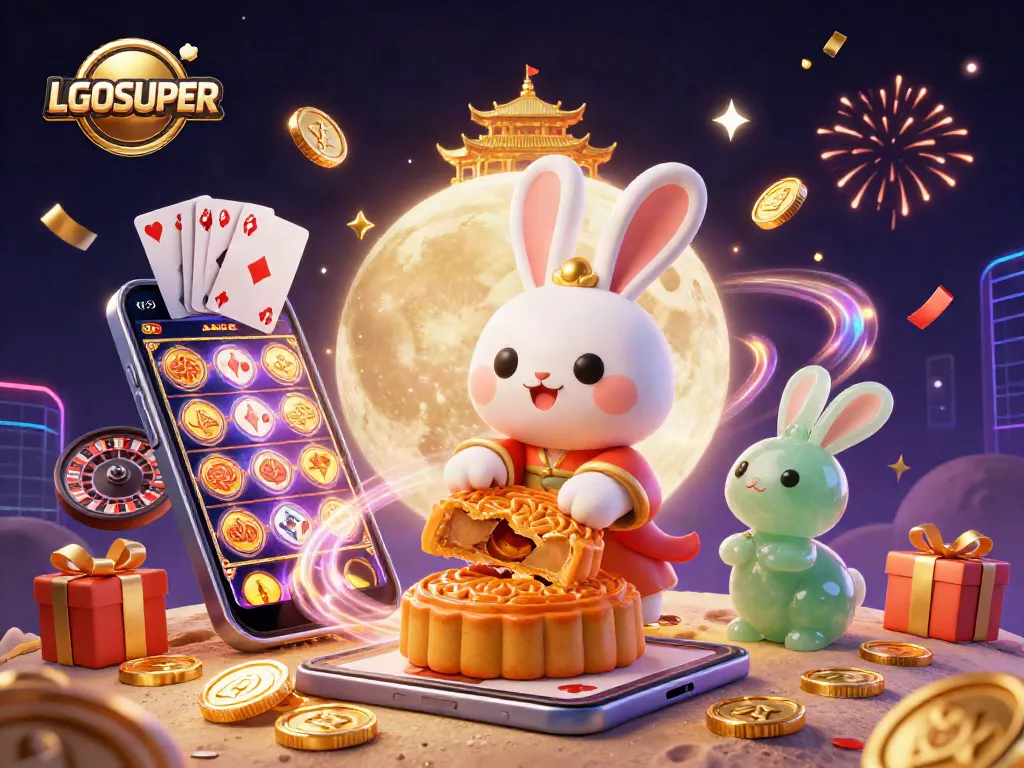Spin the reels of LGOSUPER's vibrant casino scene with a whimsical moon rabbit and exciting game elements.
