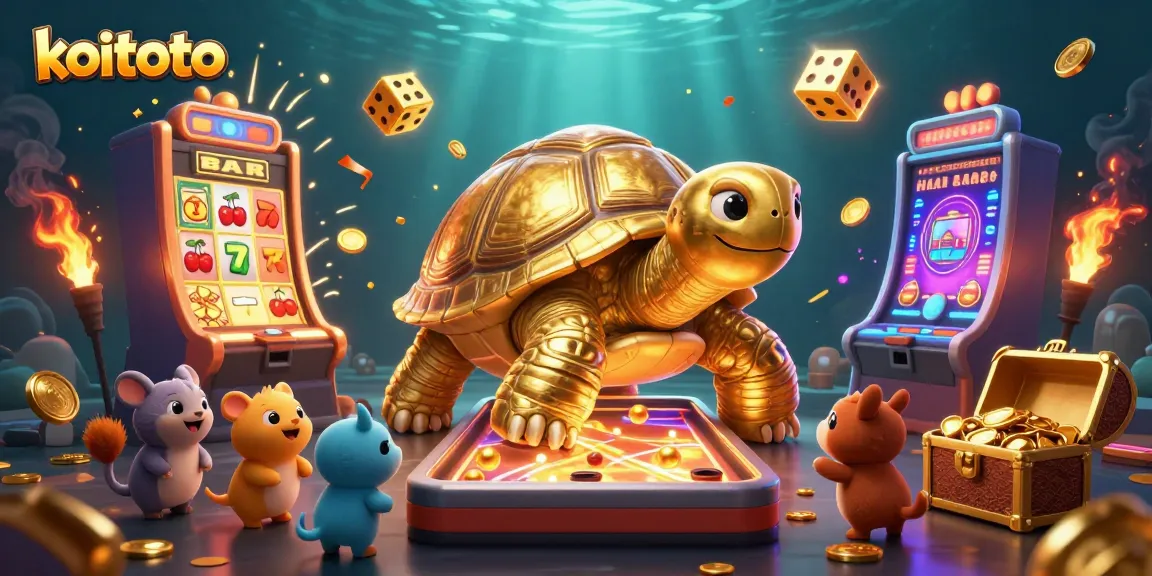 Koitoto dynamic gaming scene with a golden tortoise pinball machine, exciting animals, and a jackpot explosion of coins.