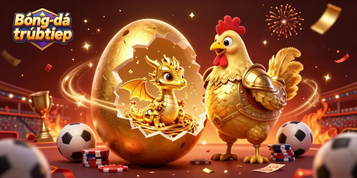Bóngđátrựctiếp showcases a vibrant and dynamic illustration of sports betting excitement with a golden dragon and poker chips.