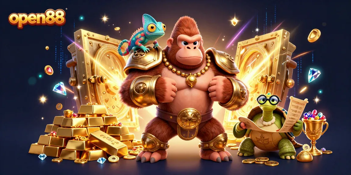 Experience the thrilling atmosphere of open88 with a vibrant 3D casino scene featuring an armored gorilla, a colorful chameleon, and a wise tortoise.