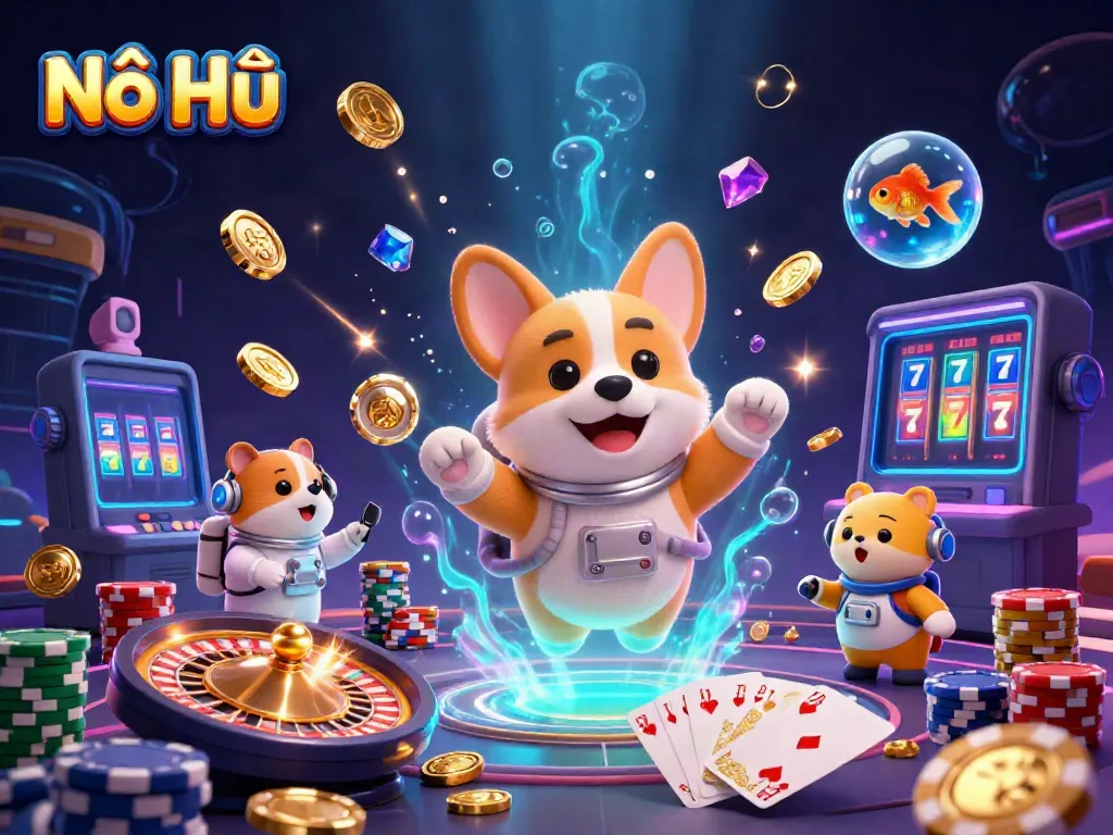 Experience Nổ Hũ excitement with a whimsical casino space scene featuring a floating corgi.