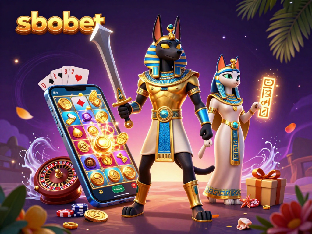 Experience sbobet sports betting excitement with Anubis and Bastet amidst vibrant gaming elements.