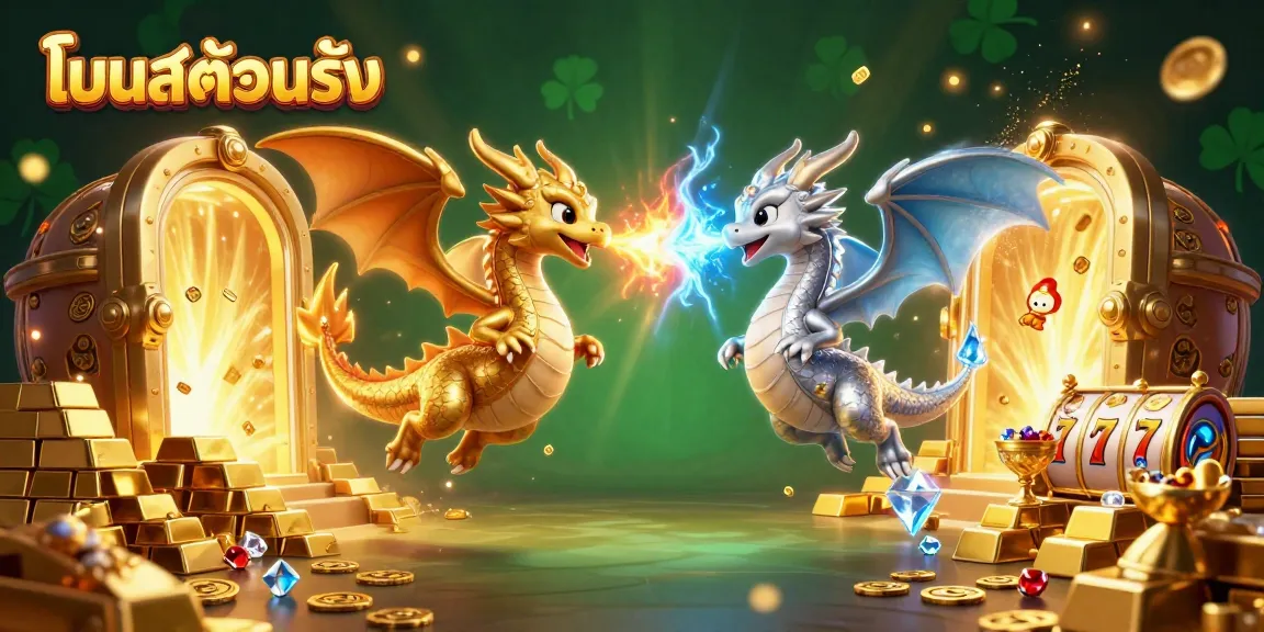 โบนัสต้อนรับ มีภาพภายในเกมคาสิโนที่มีมังกรทองและเงินต่อสู้กันเต็มไปด้วยสมบัติและความตื่นเต้น