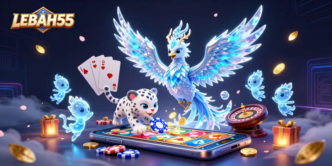 Join the excitement at LEBAH55 with a vibrant casino scene featuring slots, poker, and winning moments.