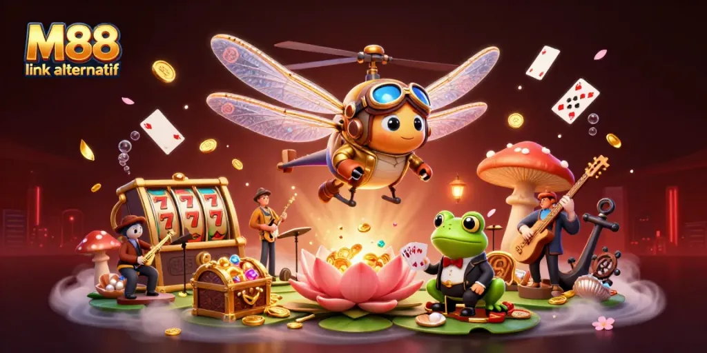 Experience exciting gaming at M88 link alternatif with a vibrant casino scene featuring a dragonfly pilot and frog dealer.