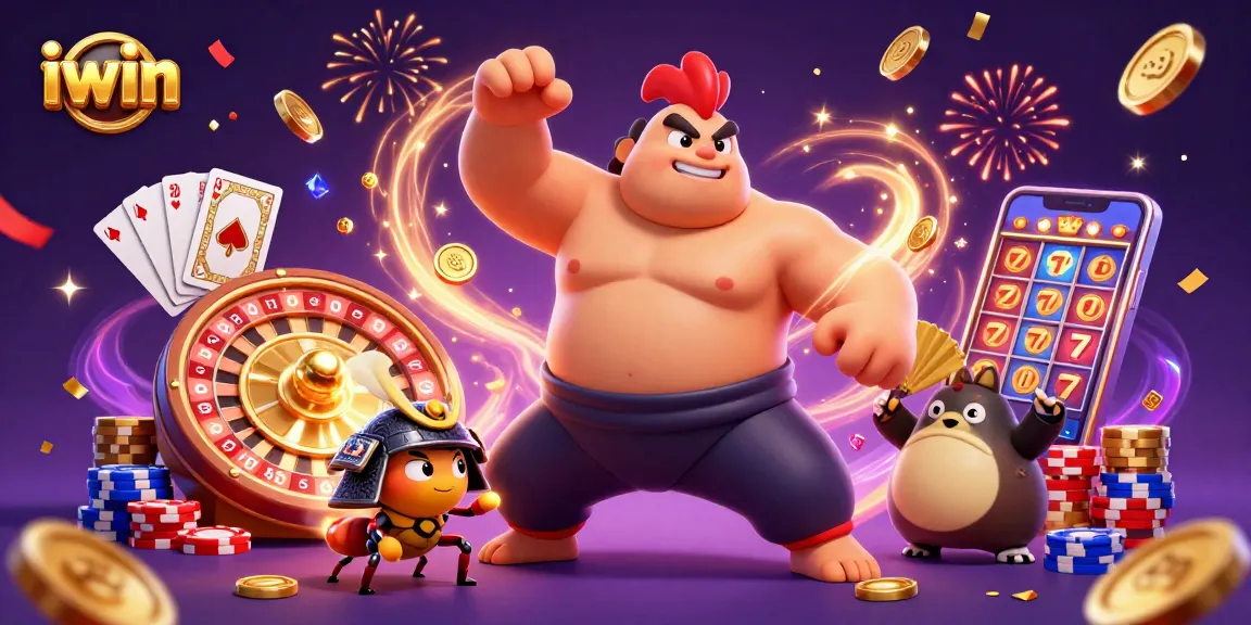 Experience iwin's thrilling casino action through an energetic illustration with vibrant characters and dynamic game elements.