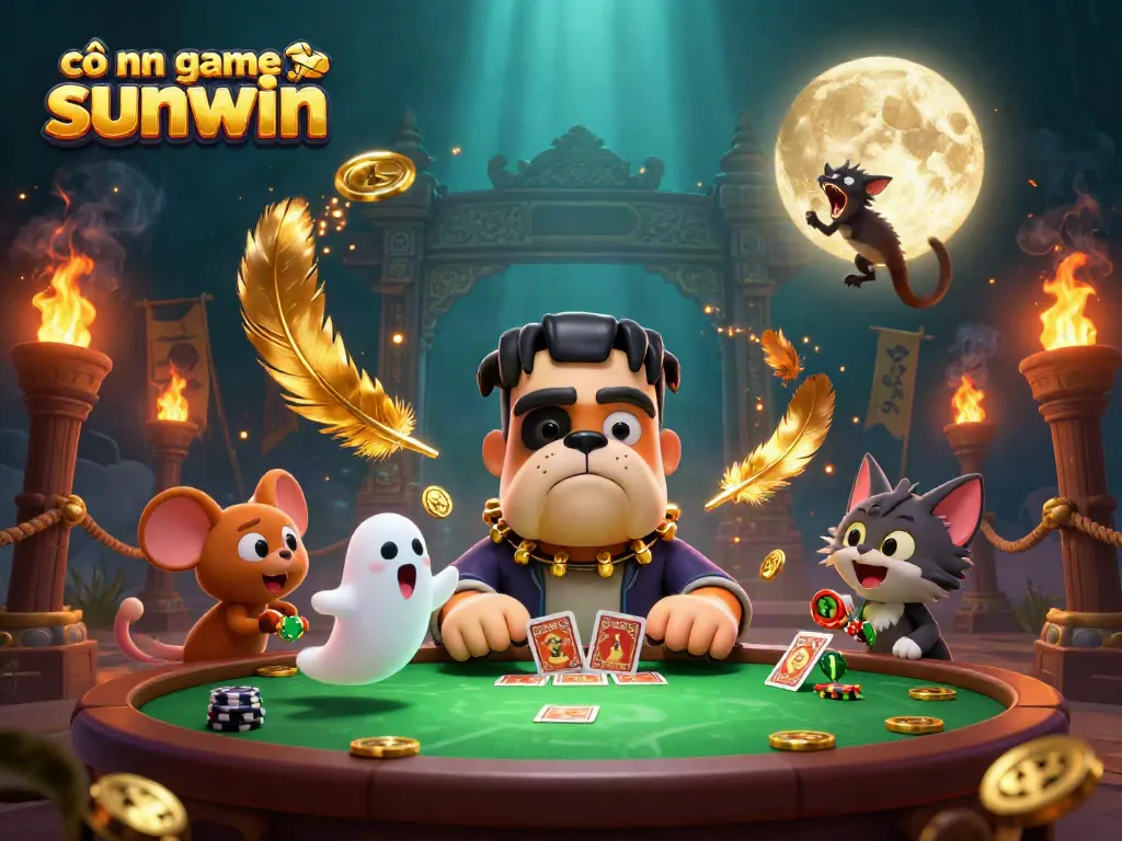 Engage with cổng game sunwin as a fun bulldog dealer interacts with ghostly chips and a werewolf kitten in a vibrant casino scene