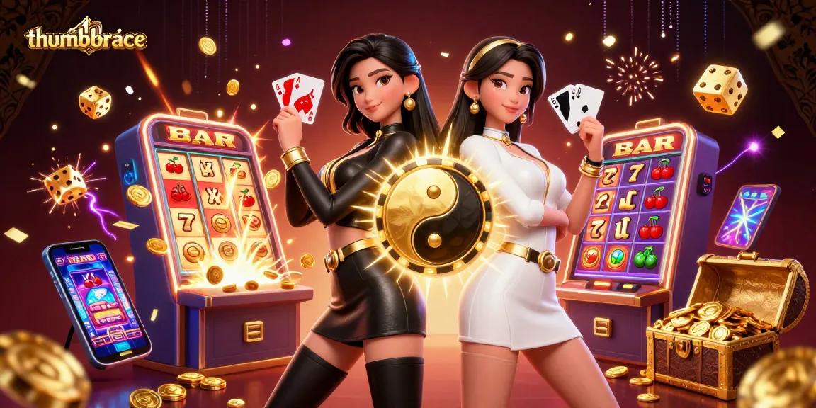 Experience thrilling luck with a thumbbrace as twin Asian women engage in casino games, showcasing vibrant dynamics.